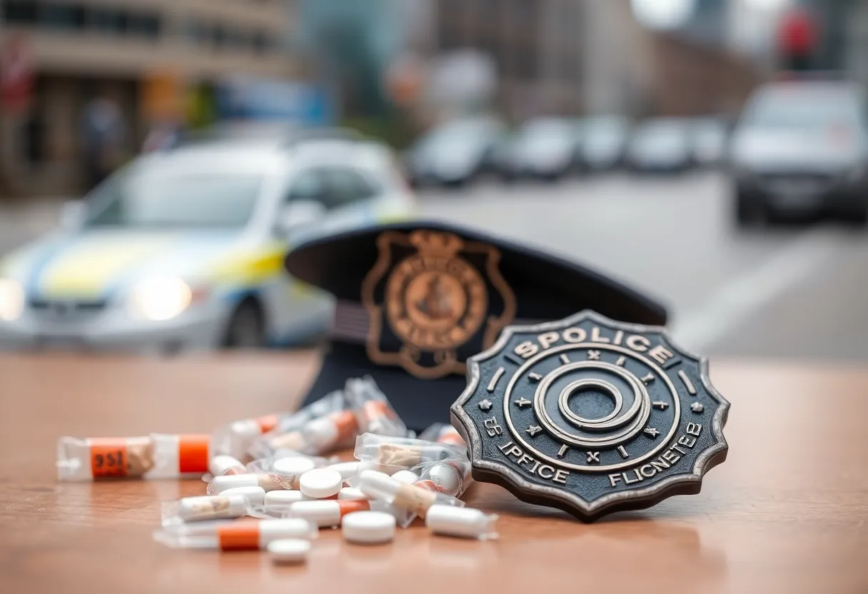 Police badge and drug evidence in a law enforcement context