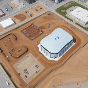 Construction site near Enmarket Arena focusing on environmental cleanup and parking expansion.