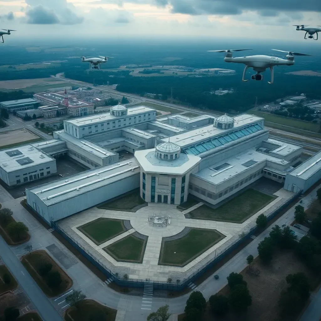 Aerial view of a federal prison with drone surveillance