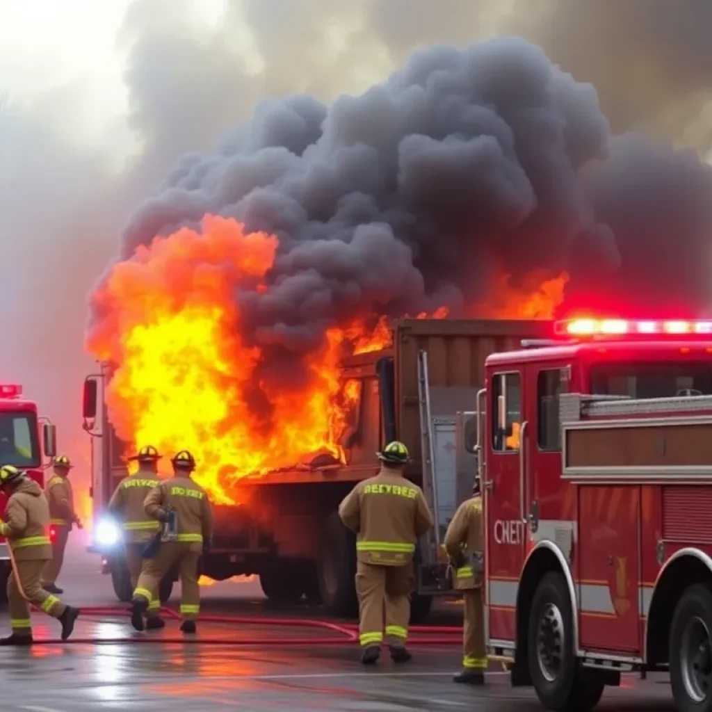 Firefighters battling a large fire involving a dump truck