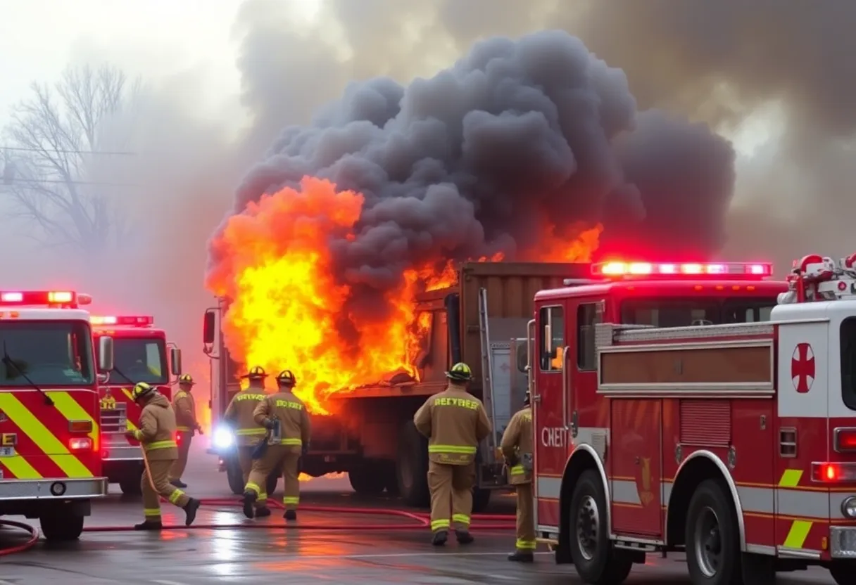 Firefighters battling a large fire involving a dump truck