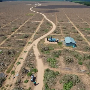 Aerial view of agricultural fields in Georgia affected by Hurricane Helene, showing farmers assessing damage.