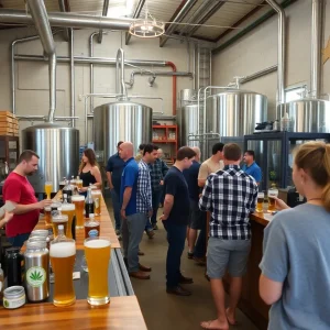 Customers at a Georgia brewery exploring beer and hemp-based beverages.