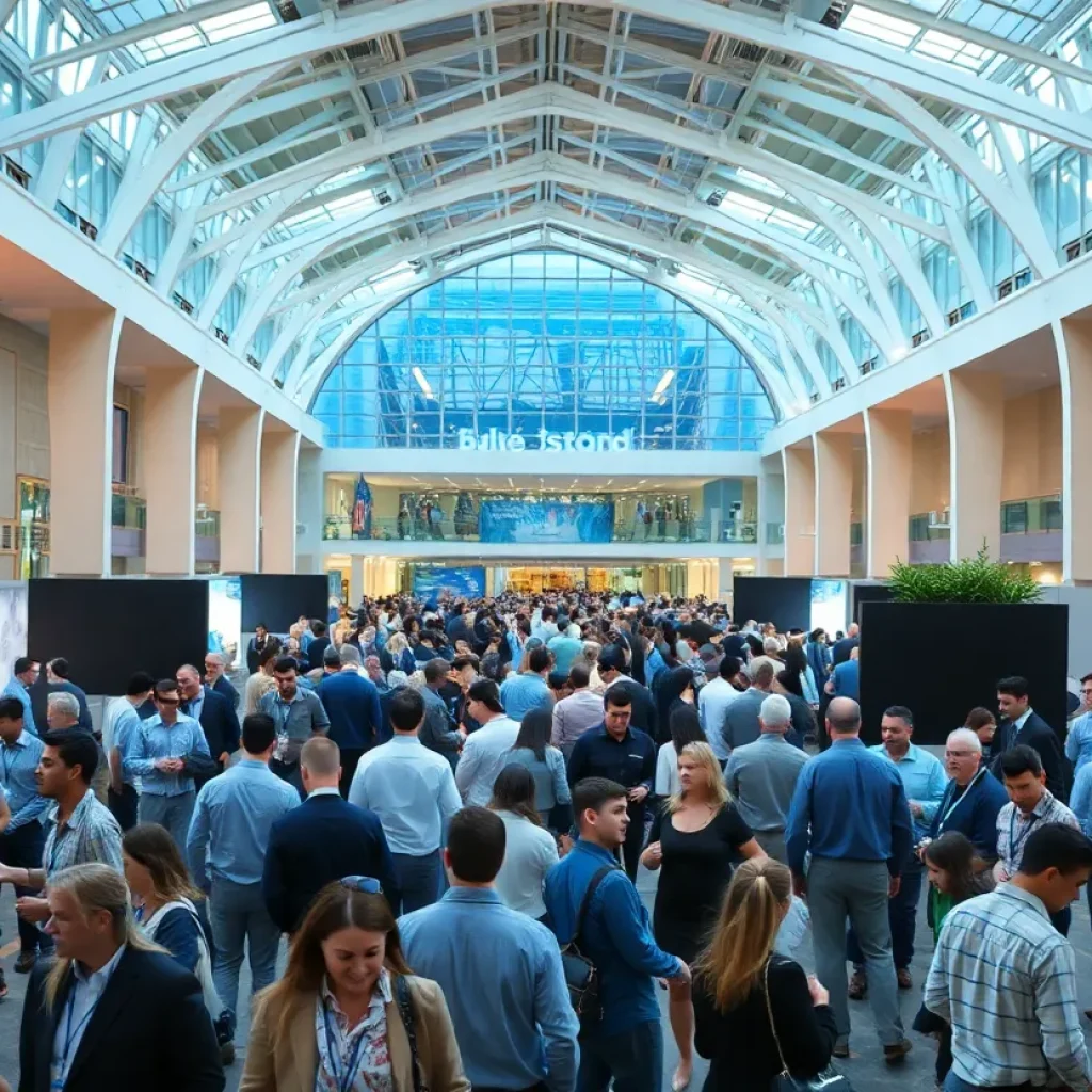 Crowd at a convention center in Georgia engaged in meetings and networking.