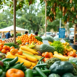 A colorful farmers market in Georgia with fresh fruits and vegetables.