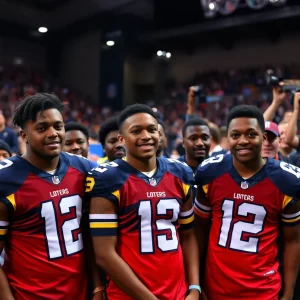 Group of young football players celebrating at the NFL Draft
