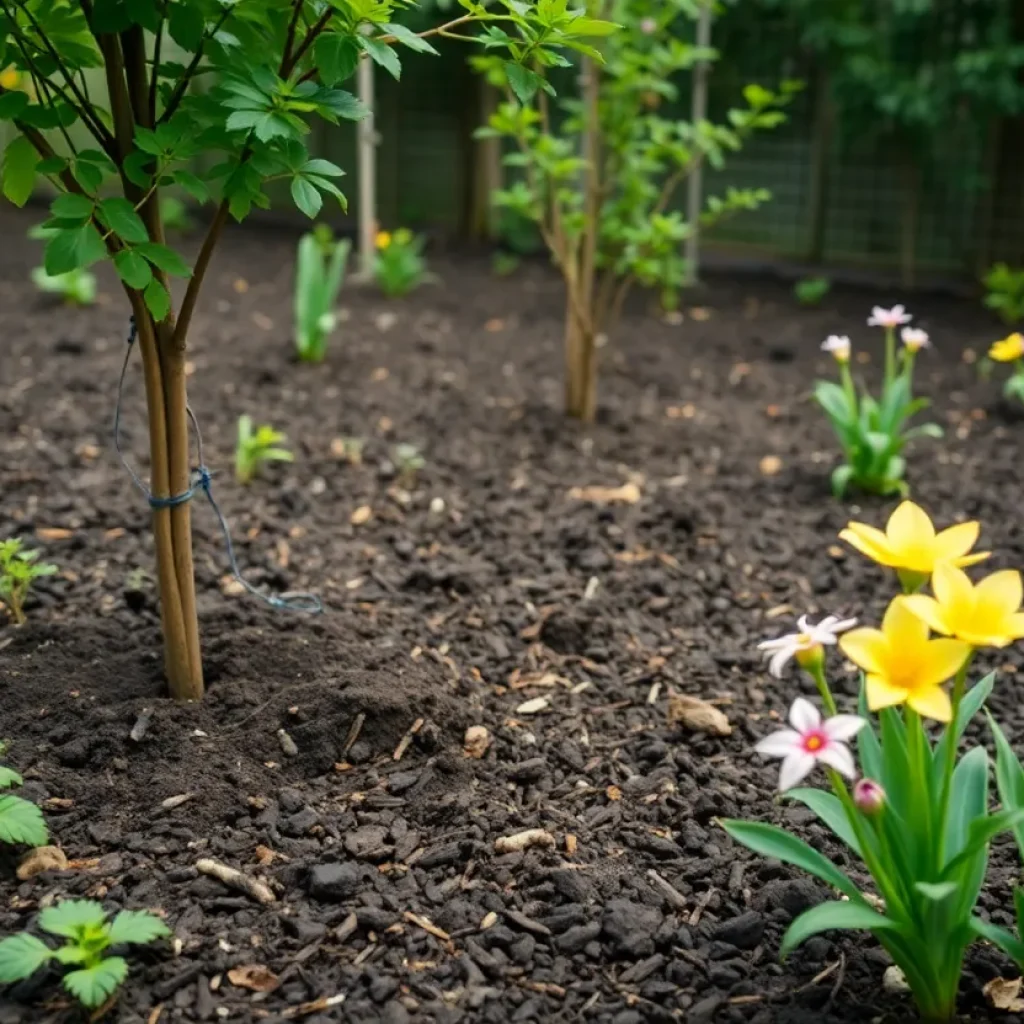 A garden representing the concept of human composting with blooming flowers and newly planted trees.