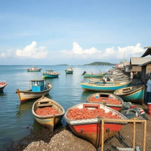 Shrimp boats in a coastal village in Georgia highlighting the shrimping industry's challenges