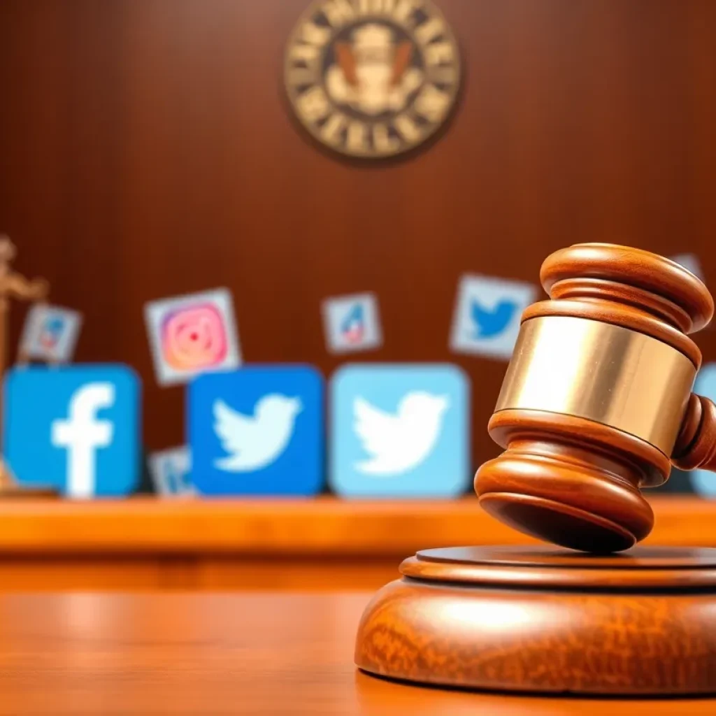 Courtroom scene with gavel and social media icons