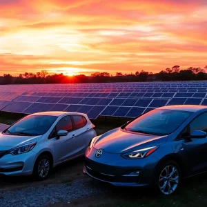 A solar farm in Georgia with electric vehicles, highlighting clean energy initiatives.