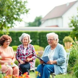 Teachers enjoying retirement in a peaceful garden setting