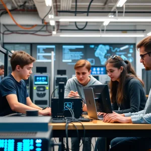 Students collaborating in the Georgia Tech AI Makerspace with computers and advanced technology