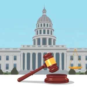 Illustration of Georgia state capitol with gavel and scales of justice