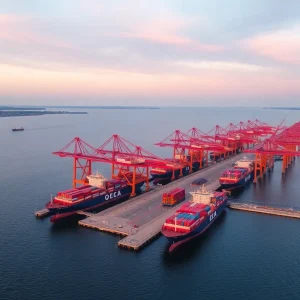 Aerial view of Georgia Ports Authority showing Ocean Terminal and container ships