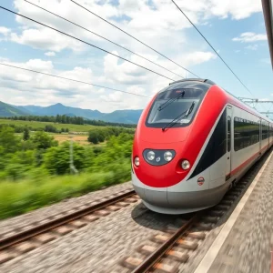 A high-speed train traveling through the beautiful Georgia landscape.