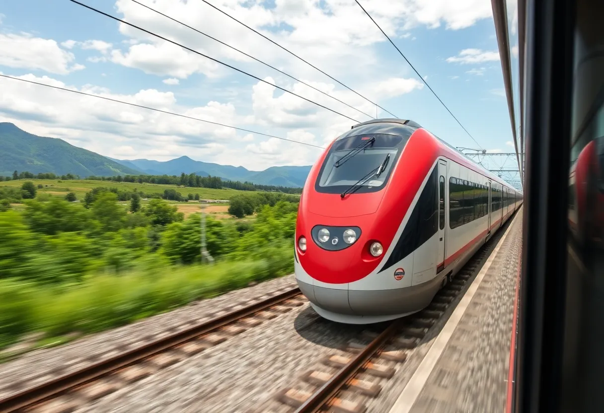 A high-speed train traveling through the beautiful Georgia landscape.