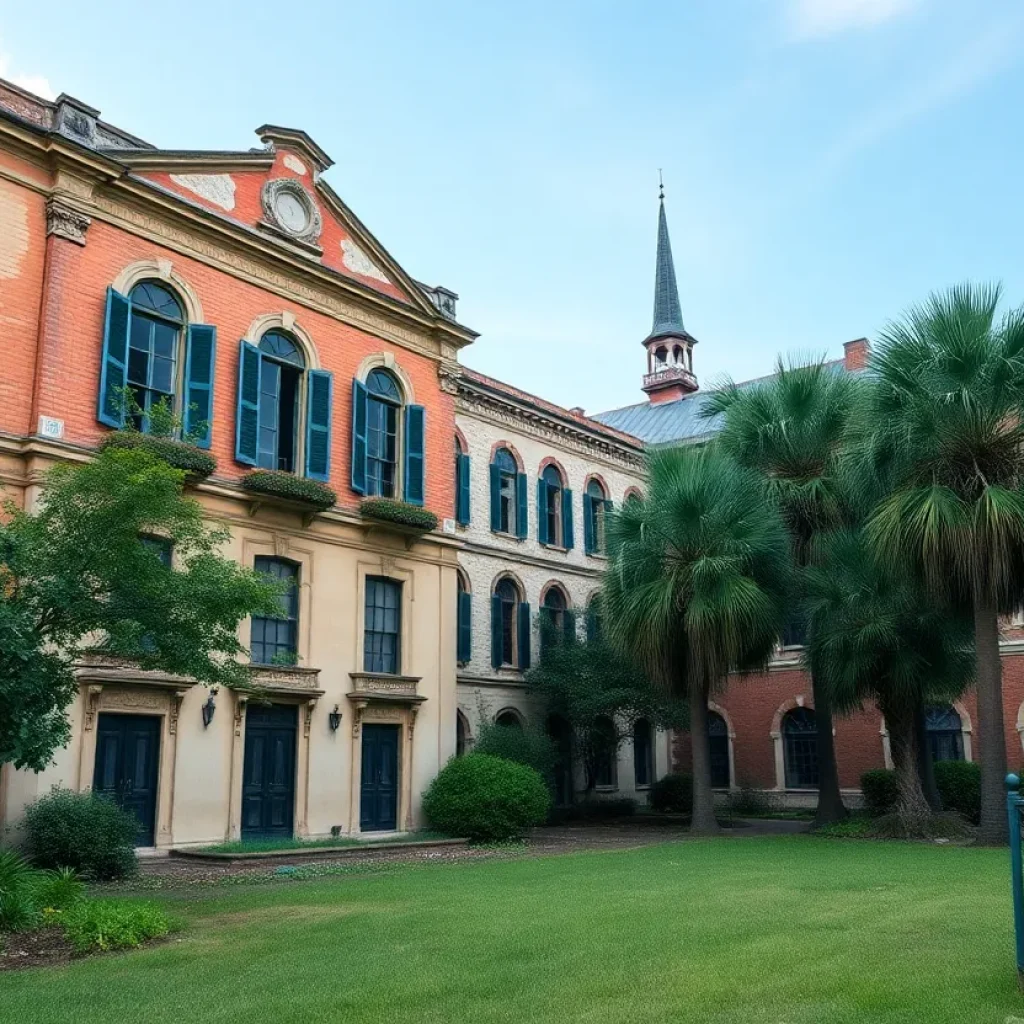 A historic building in Savannah showing signs of age and neglect.