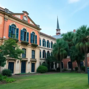 A historic building in Savannah showing signs of age and neglect.