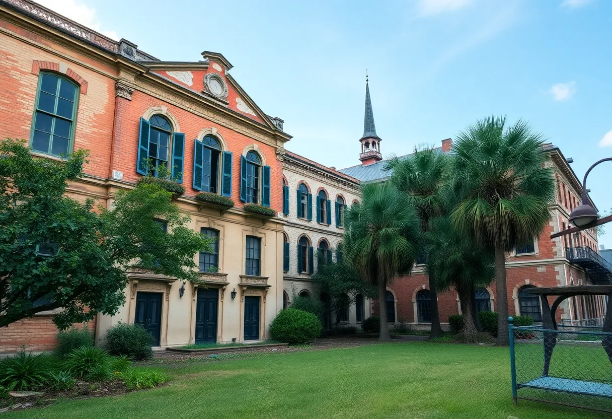 A historic building in Savannah showing signs of age and neglect.