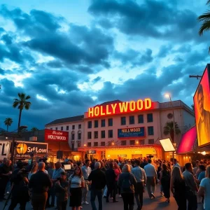 A vibrant Hollywood film set with cameras and lights