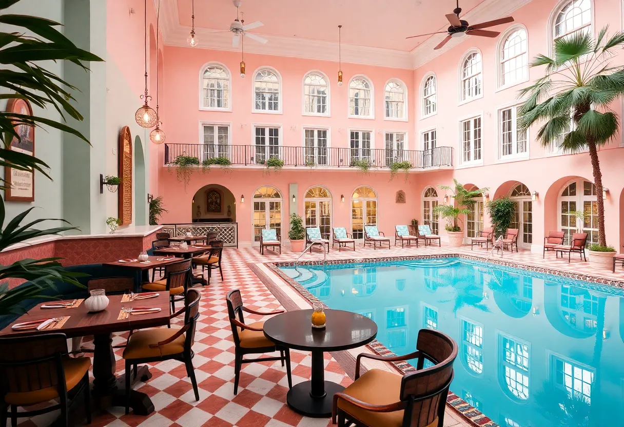 Hotel Bardo in Savannah with pastel-colored interiors and pool