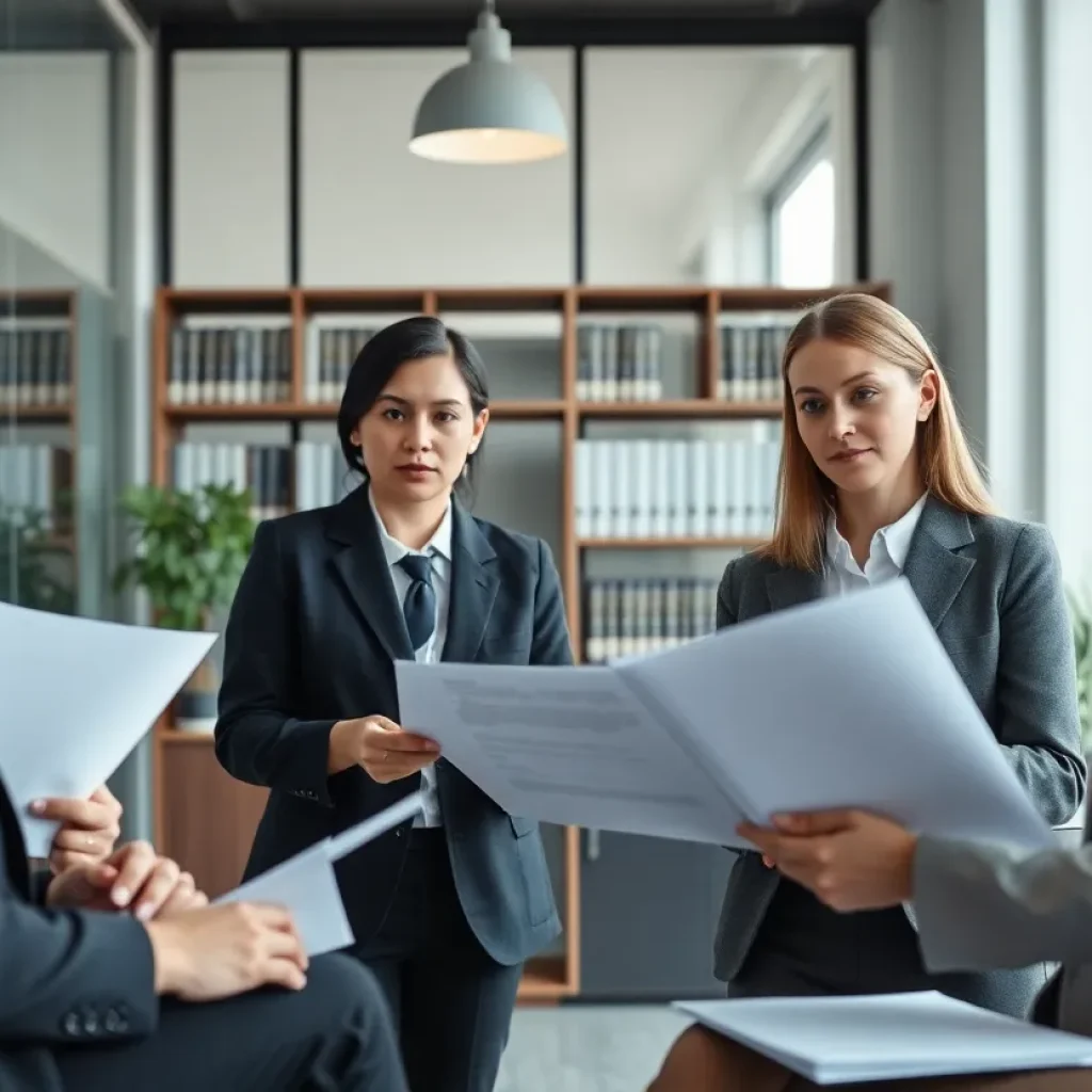 Attorneys in a law office discussing case files