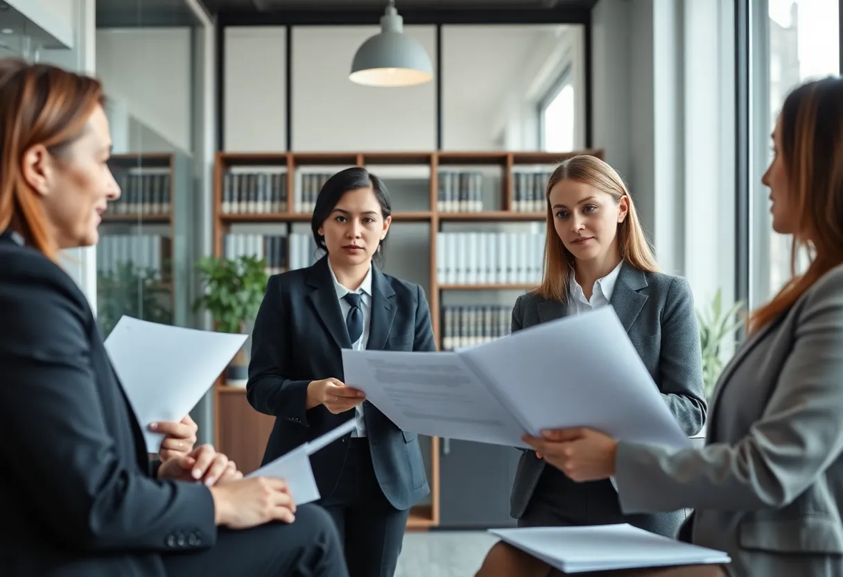 Attorneys in a law office discussing case files