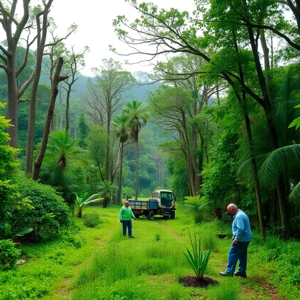 Forest landscape showing hurricane damage and reforestation efforts