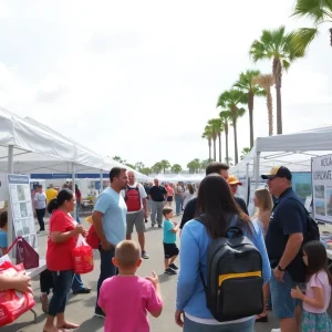 Community members participating in a hurricane preparedness event with informational booths.