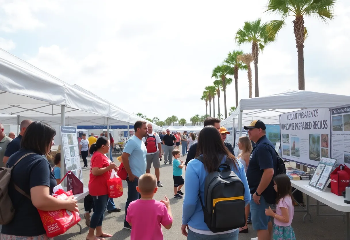 Community members participating in a hurricane preparedness event with informational booths.
