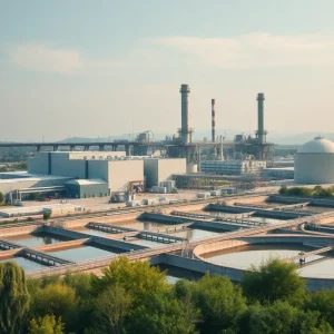 Aerial view of an industrial wastewater treatment facility near a river.