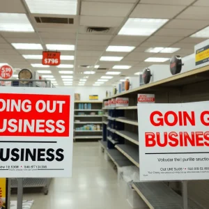 Image of Joann Fabrics store closing signs with empty shelves.