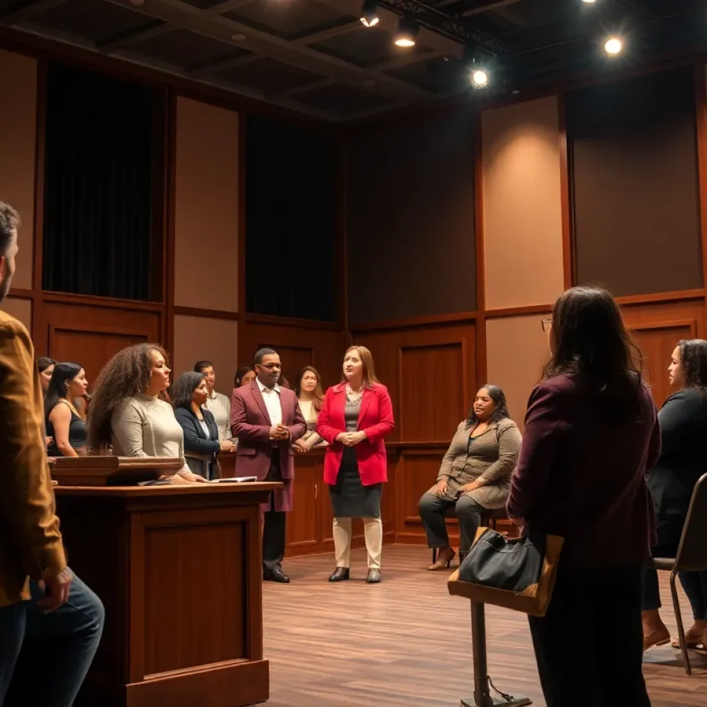 Scene from the play 'Justice on Trial' showcasing a diverse cast in a courtroom setting.