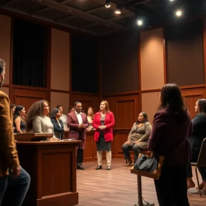 Scene from the play 'Justice on Trial' showcasing a diverse cast in a courtroom setting.