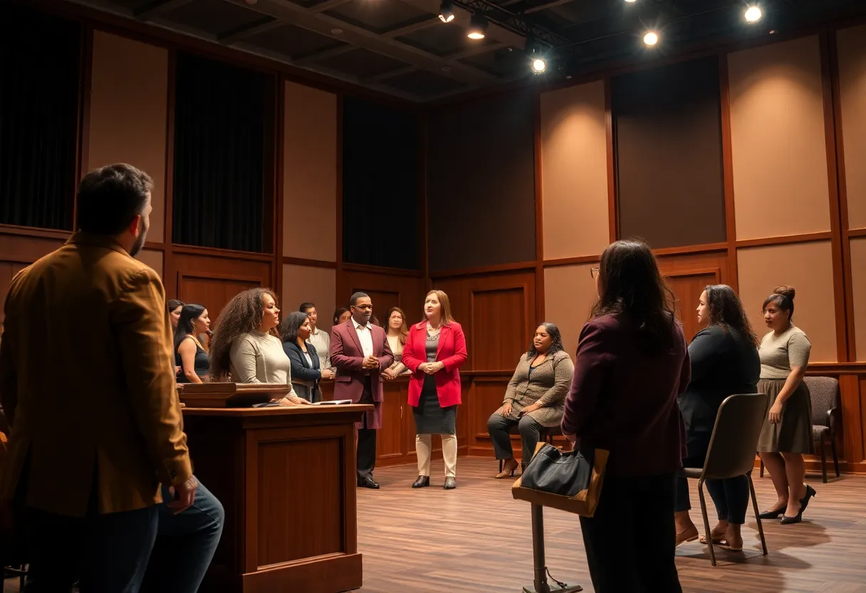 Scene from the play 'Justice on Trial' showcasing a diverse cast in a courtroom setting.