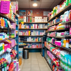Interior of a beauty supply store with various beauty products on display.