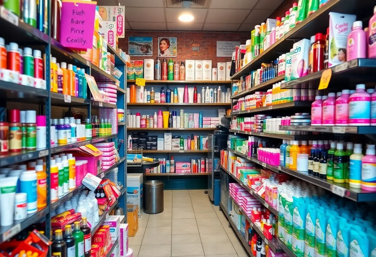 Interior of a beauty supply store with various beauty products on display.