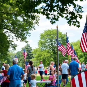 Memorial Day celebration with American flags and families in a park