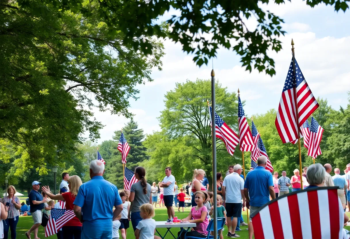 Memorial Day celebration with American flags and families in a park