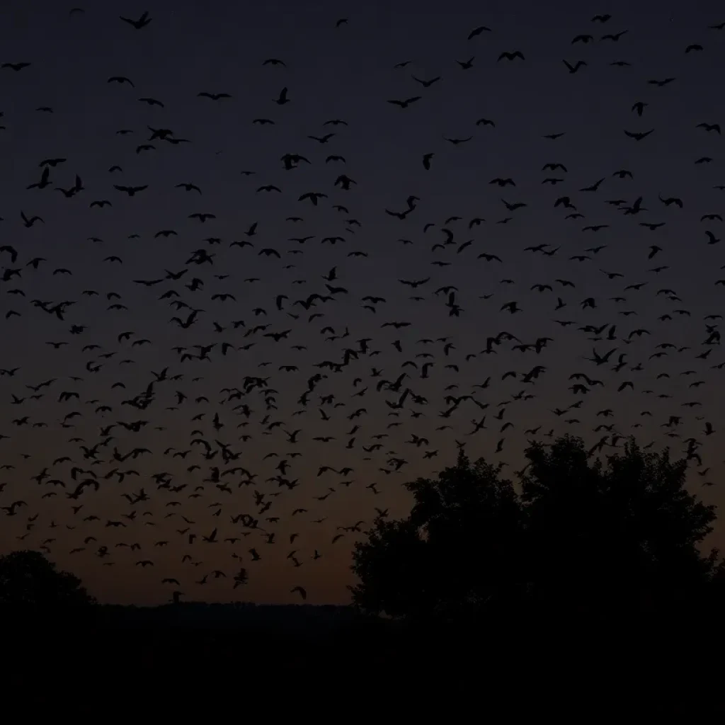 A flock of migrating birds in the night sky over Georgia.
