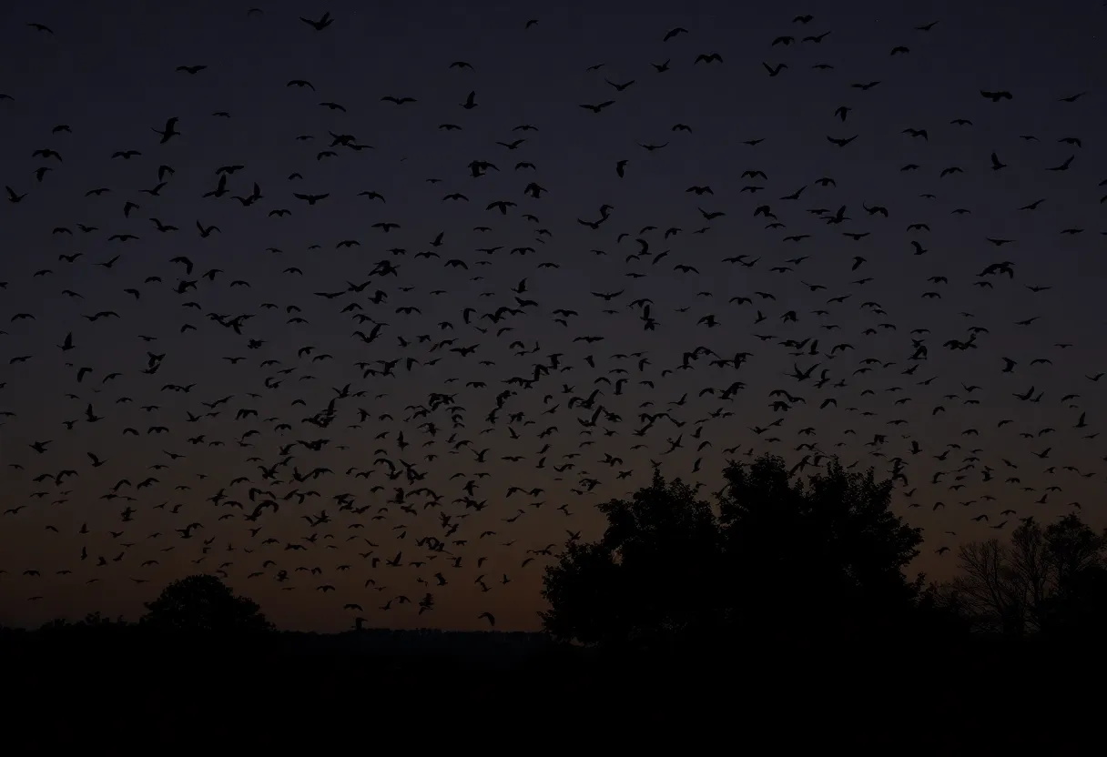A flock of migrating birds in the night sky over Georgia.