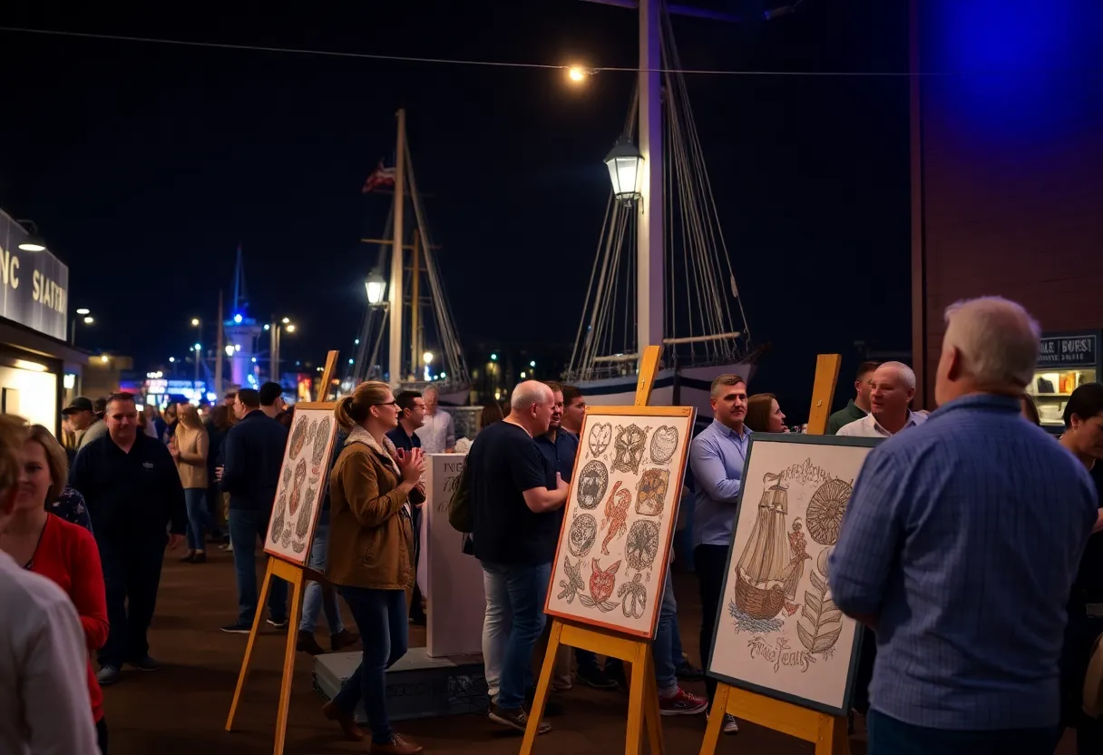 A lively celebration at a maritime museum featuring tattoos and live music.