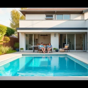 Family enjoying their newly built swimming pool in a backyard