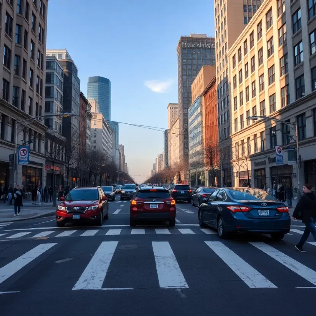 Urban intersection with pedestrians and traffic, highlighting safety awareness