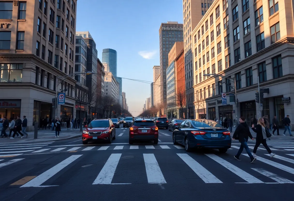 Urban intersection with pedestrians and traffic, highlighting safety awareness