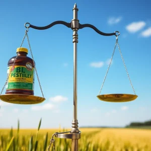Symbolic representation of pesticide legislation with scales of justice and weedkiller.