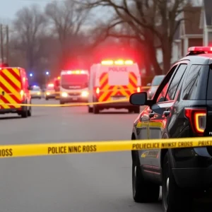 Police vehicles and tape at a suburban street in Savannah after a stabbing incident.