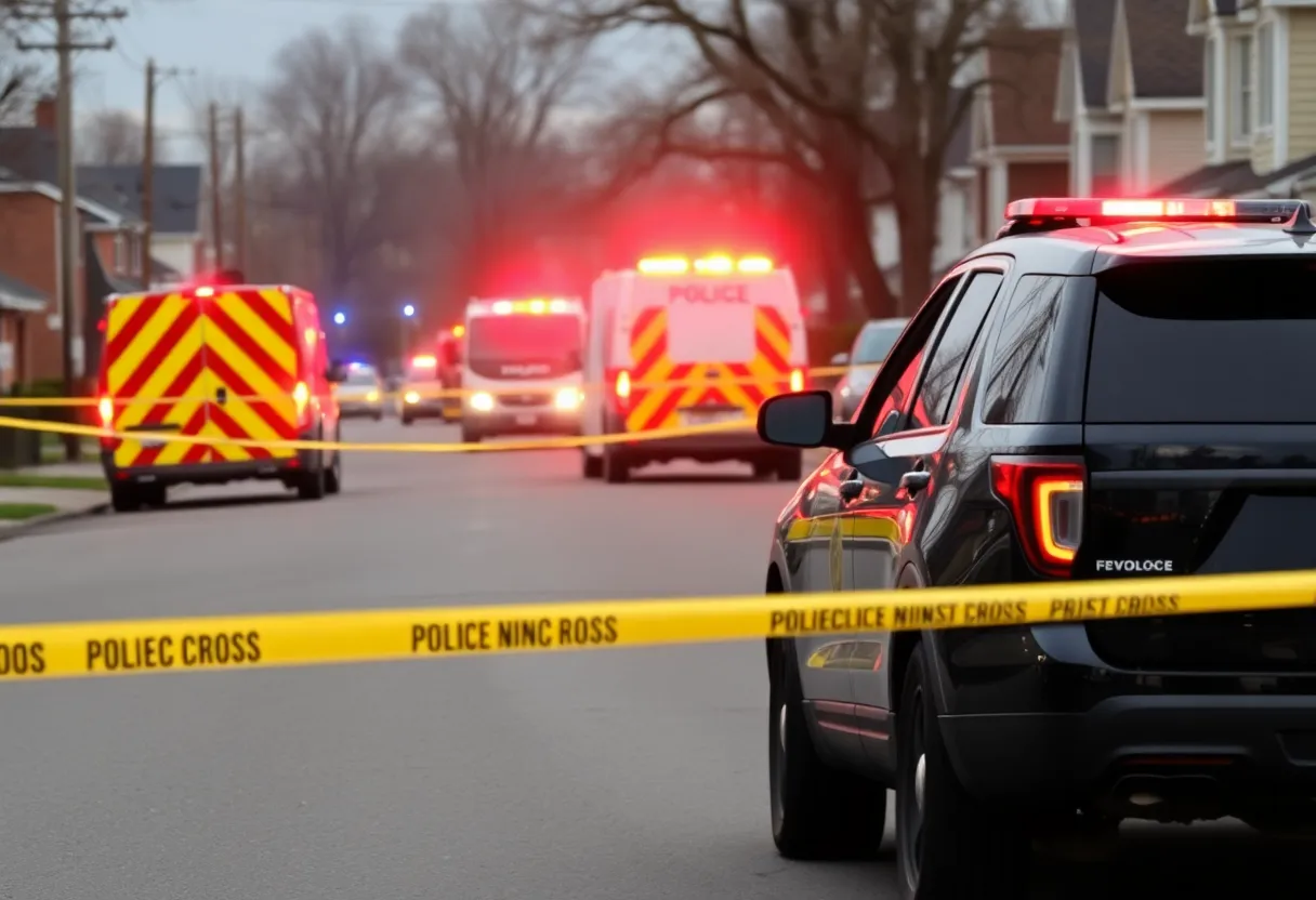 Police vehicles and tape at a suburban street in Savannah after a stabbing incident.