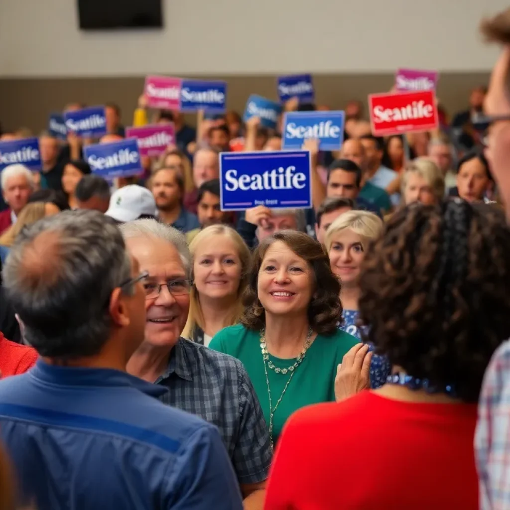 Crowd at a political rally discussing the Georgia Senate race