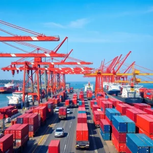 Container ships and cranes at the Port of Savannah with active container traffic.